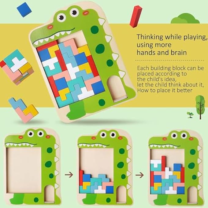 WOODEN TANGRAM PUZZLE FOR KIDS | MONTESSORI PATTERN BLOCKS & GEOMETRIC SHAPES SET | STEM BRAIN TEASER & LOGIC GAME | 3D COLORFUL WOODEN BLOCKS PUZZLE TOY PRESCHOOL BOYS GIRLS AGE 3-7 - Image 4